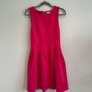 Hot pink knee length dress with pockets, pleated skirt, zipped back